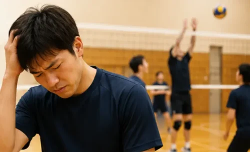 ソフトバレーボールで乱打練習ばかり続けても上達できず悩んでいる男性のイラスト
