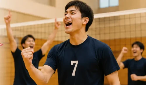 ソフトバレーボールで練習方法を変えて強打が決まり上達を実感している男性のイラスト